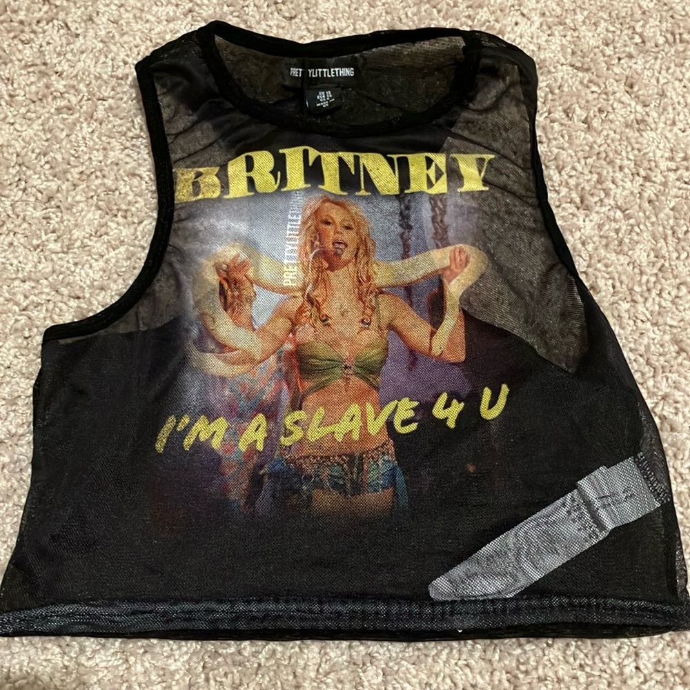 Britney Spears Mesh Graphic Crop Tank Top - Black with Yellow Print